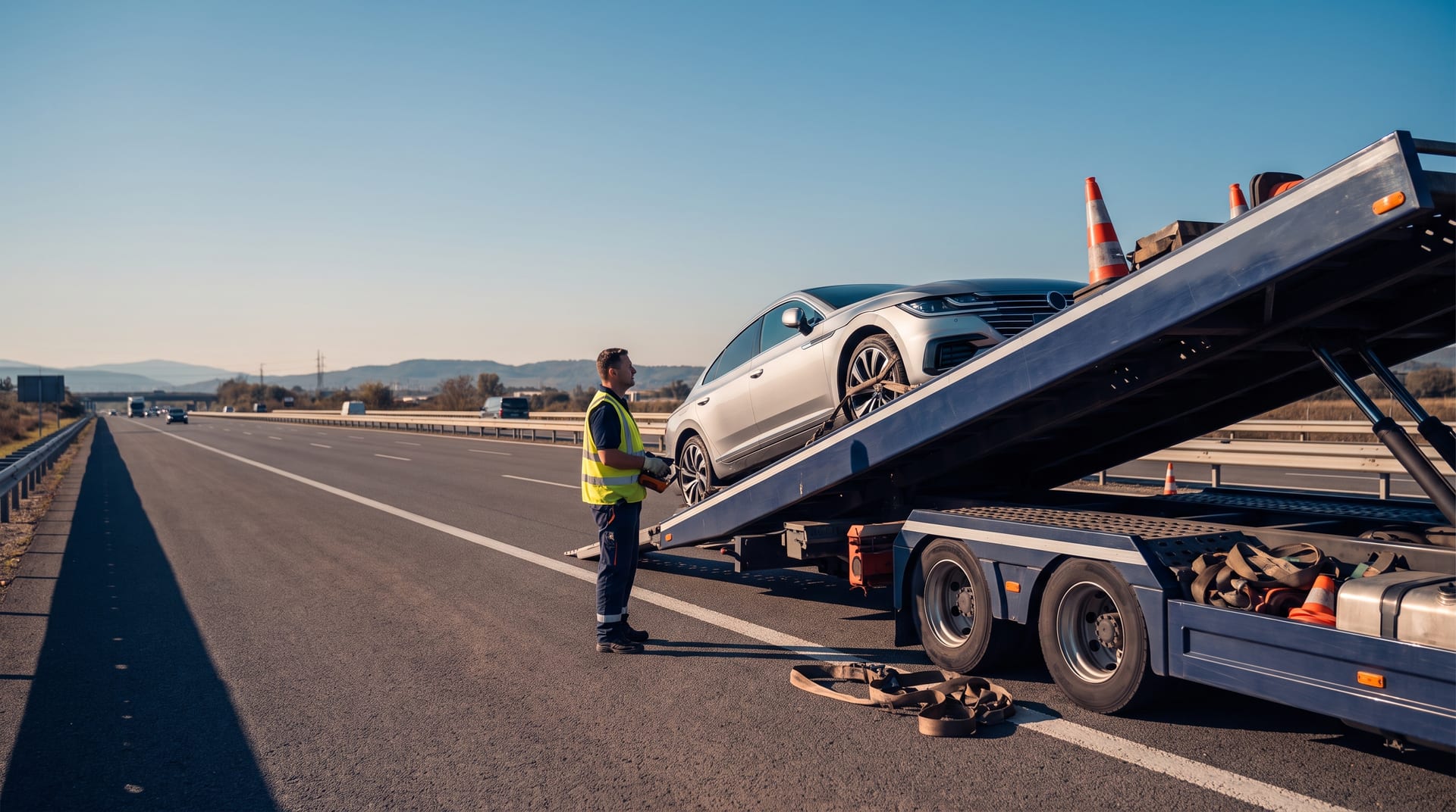 Automobil na auto-transporteru pored autoputa