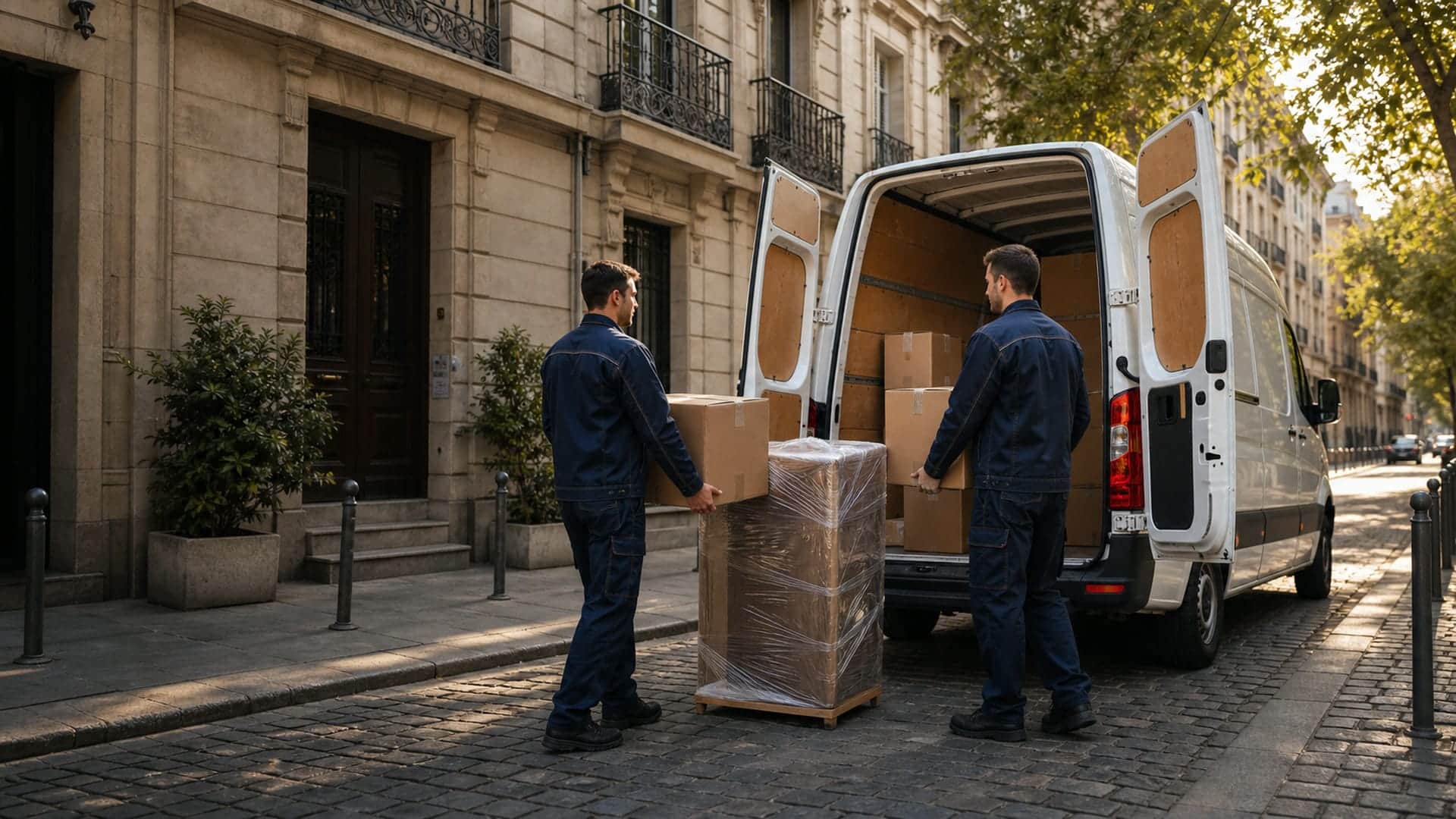 Prevoznici utovaraju kutije u kombi na ulici